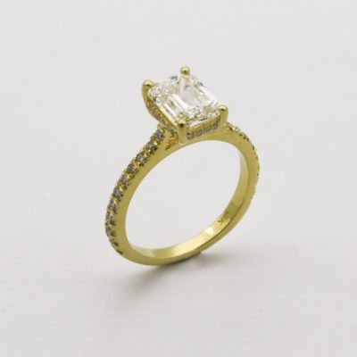 yellow gold, emerald cut diamond engagement ring